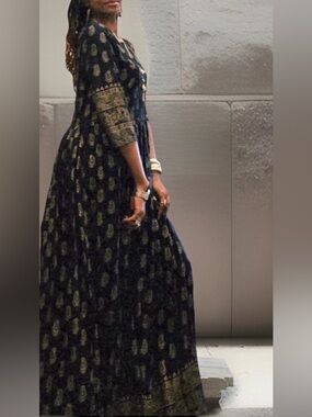 Black Paisley Maxi Dress Rayon Cotton Lined Boho Artisan Print Size M